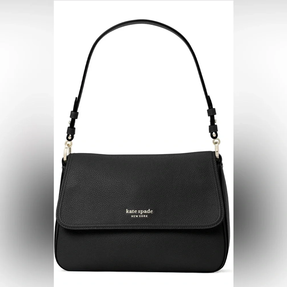 Kate Spade Hudson Pebble Leather MD Flap SHLDR Bag. Black/Gold.